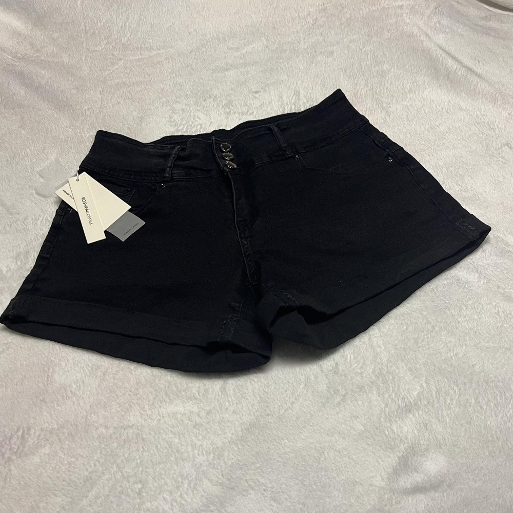 Roswear High Waisted Button Fly Black Denim Shorts
